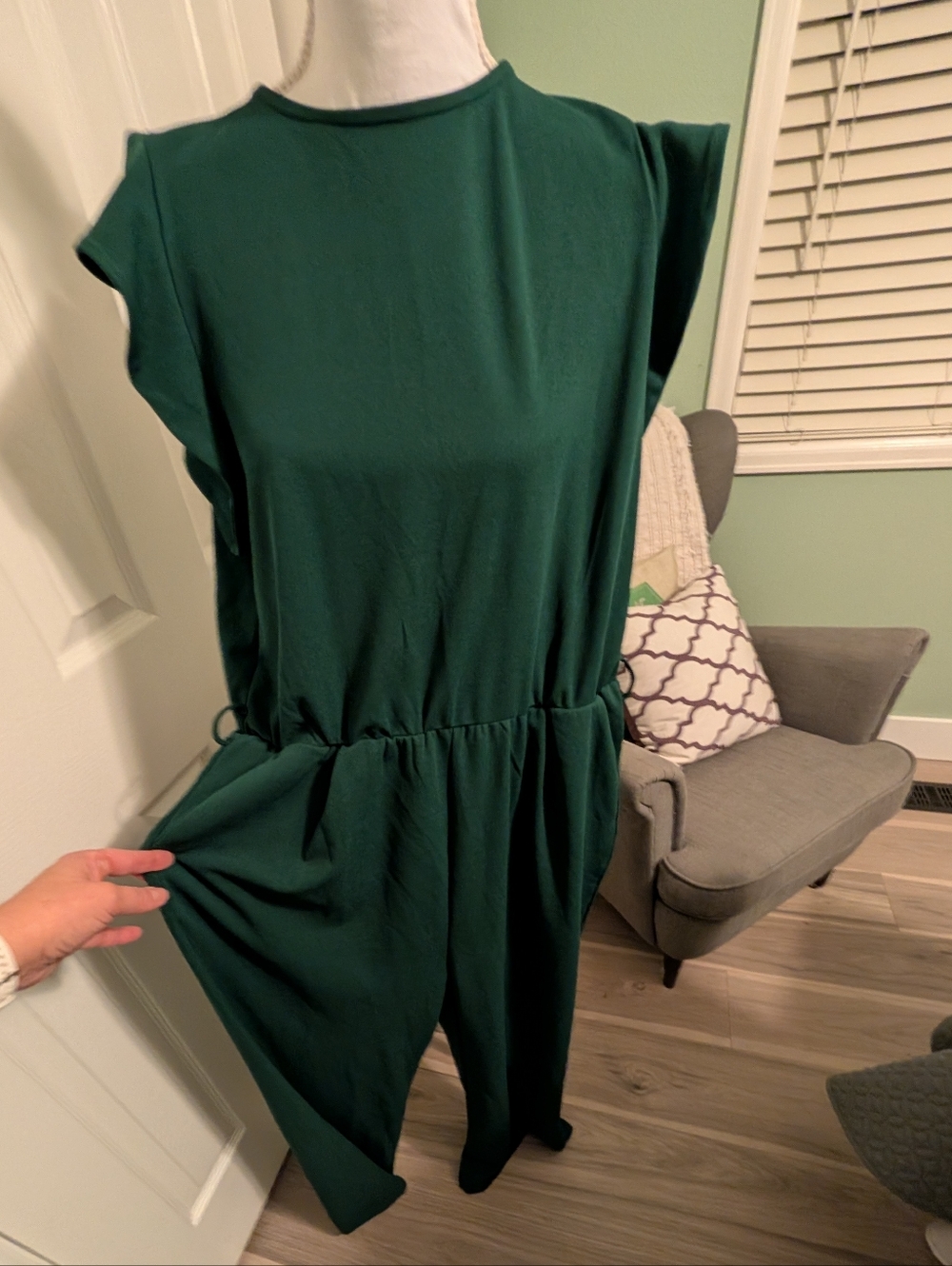 Sleeveless Emerald Green Gathered-Waist Jumpsuit